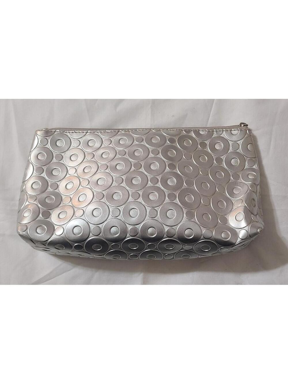 Clinique Makeup Cosmetics Bag  Silver Tone Medium Embossed Circles Travel Pouch